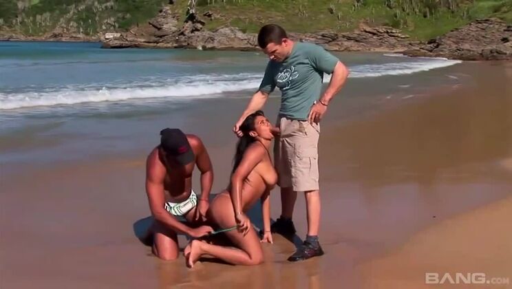 [BANG.com] - Cumshot Facial for Brunette in Beach Threesome with Big Cock