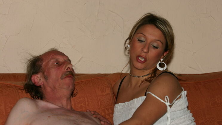 Young Blonde Thalia Takes Care of Older Man's Needs