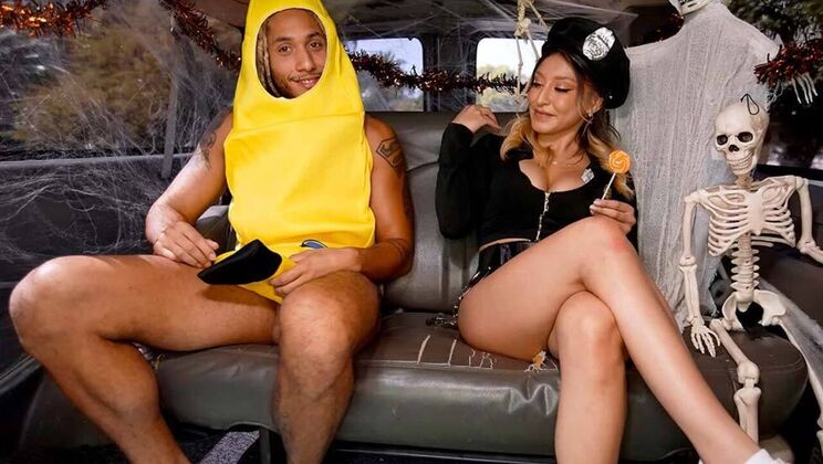 [BangBus] - Young Brunette Gets Facial on Halloween - Derek Savage - Mads Flores