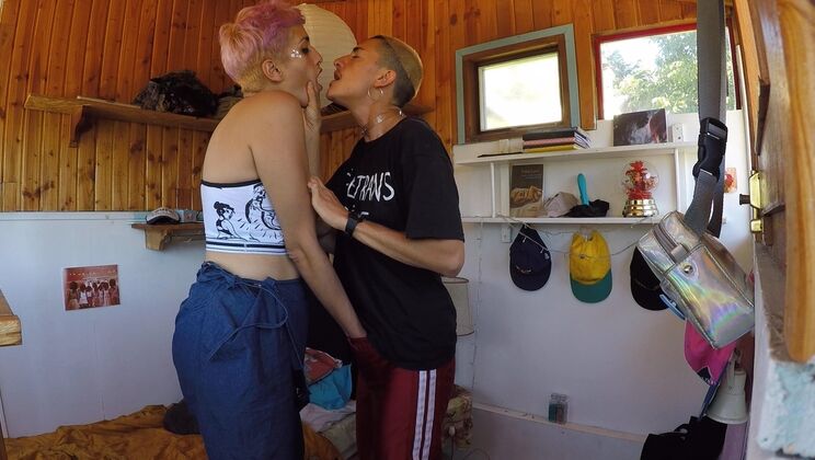 Colorful Hair Charo & Gael Breast Kissing in Bedroom