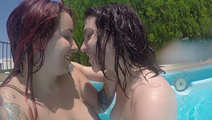 Slippery When Wet - Hairy Lesbian Pool Masturbation